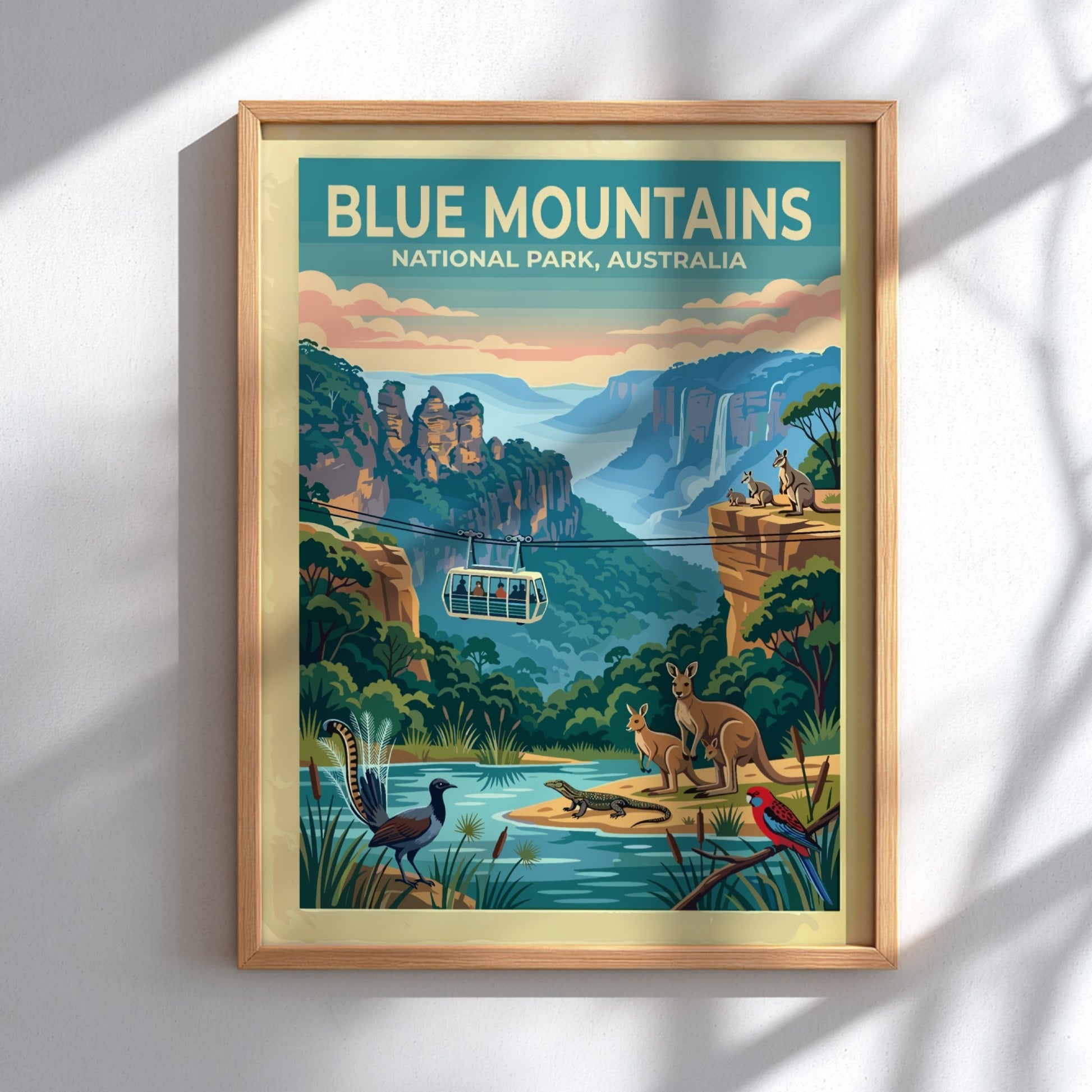 Australia travel poster featuring the Blue Mountains with cable car and native wildlife