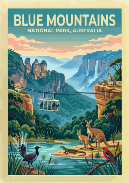 Australia travel poster featuring the Blue Mountains with cable car and native wildlife