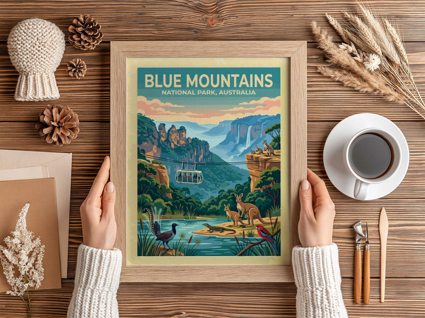 Australia travel poster featuring the Blue Mountains with cable car and native wildlife