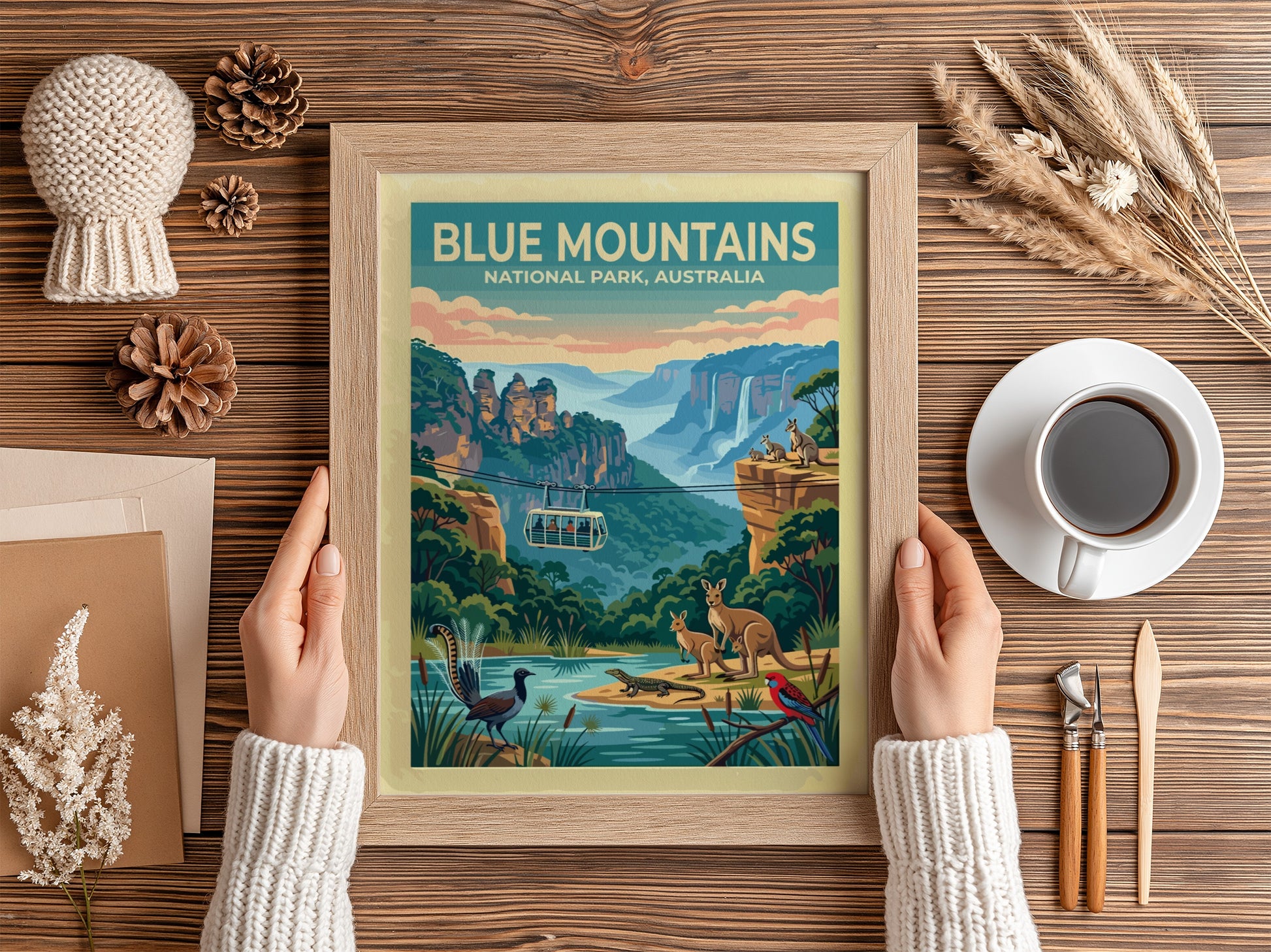 Australia travel poster featuring the Blue Mountains with cable car and native wildlife