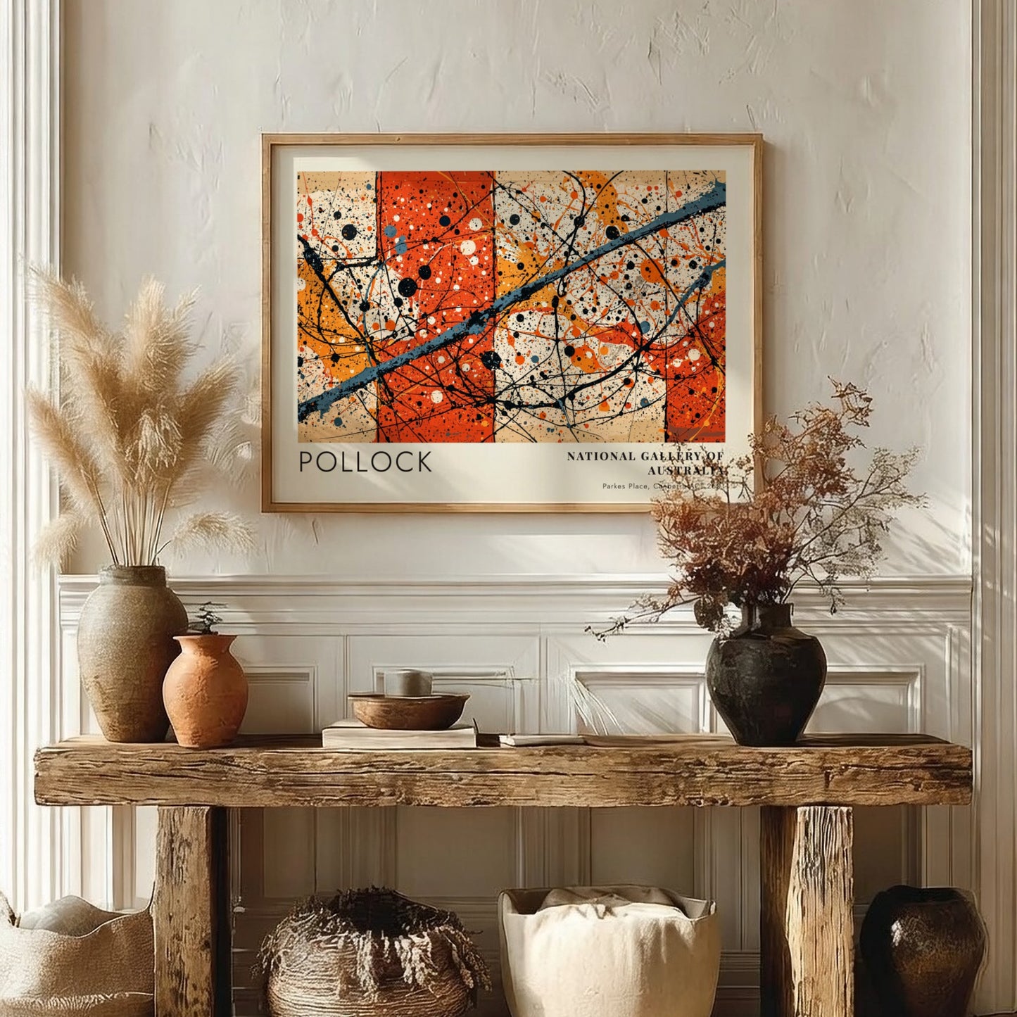 Wall art poster featuring Jackson Pollock Blue Poles with orange and black splatters