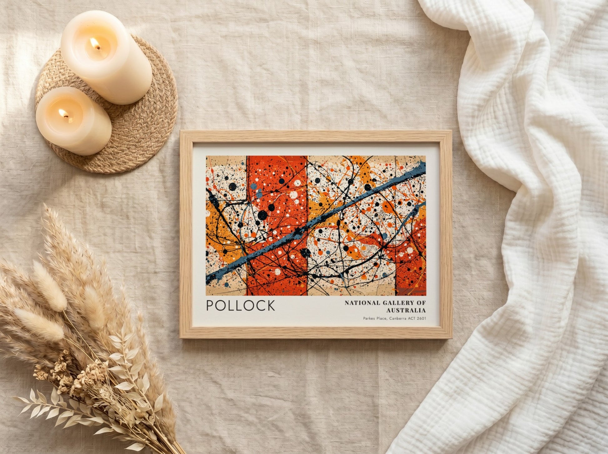 Wall art poster featuring Jackson Pollock Blue Poles with orange and black splatters