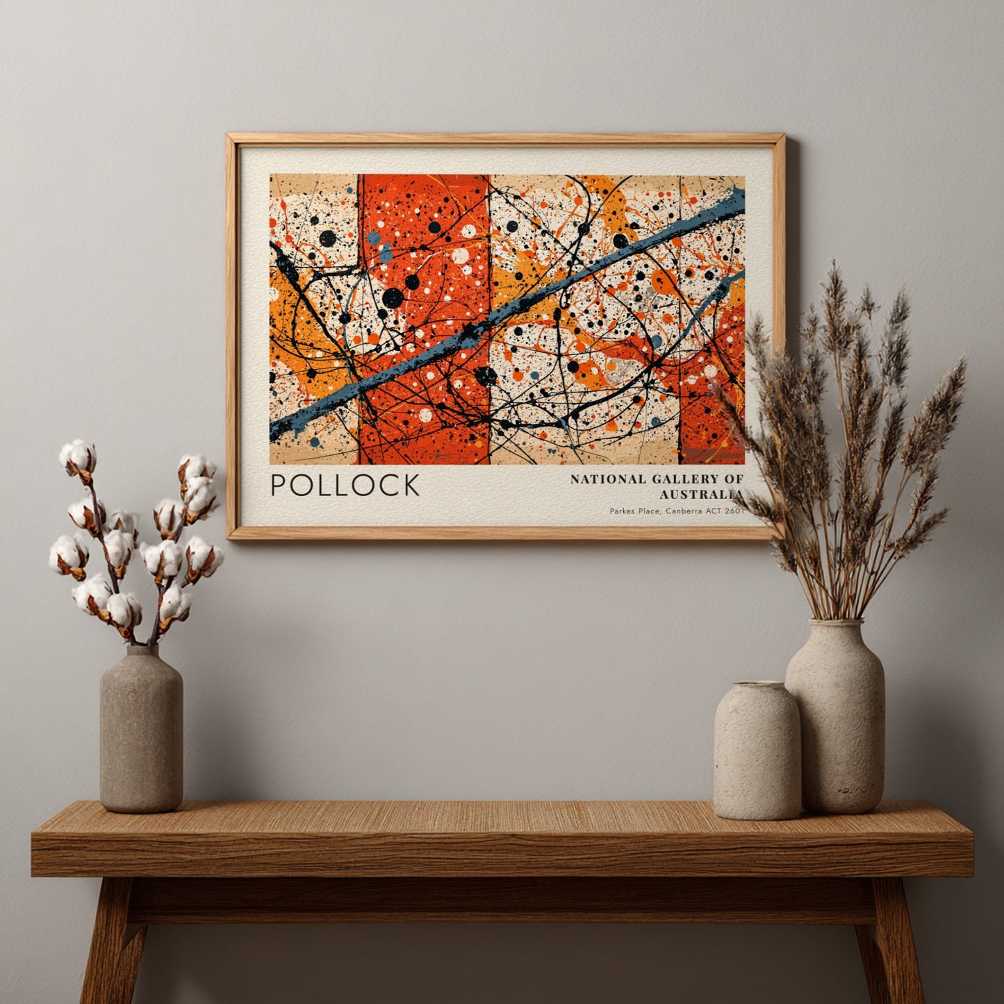 Wall art poster featuring Jackson Pollock Blue Poles with orange and black splatters