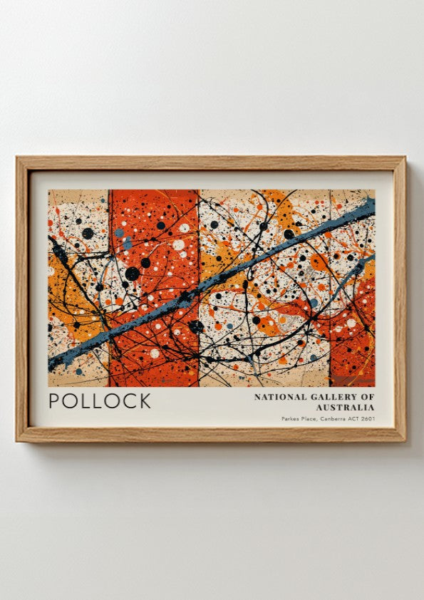 Wall art poster featuring Jackson Pollock Blue Poles with orange and black splatters