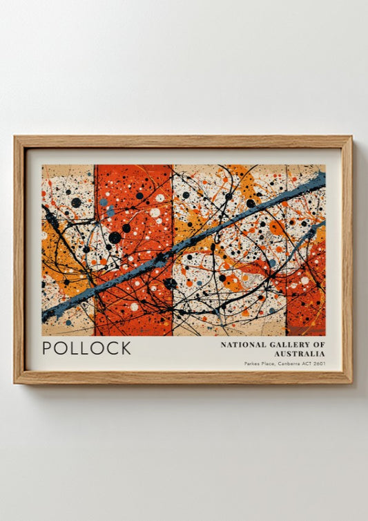 Wall art poster featuring Jackson Pollock Blue Poles with orange and black splatters