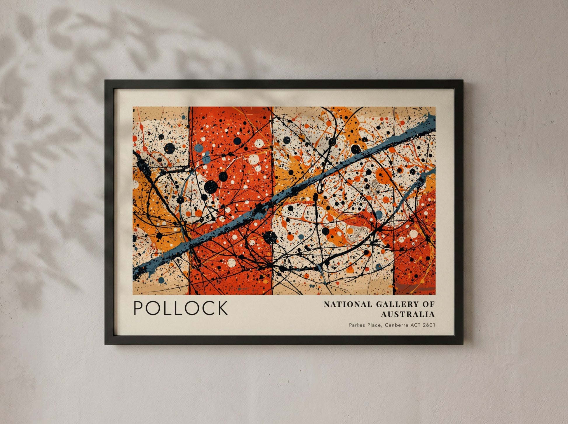 Wall art poster featuring Jackson Pollock Blue Poles with orange and black splatters