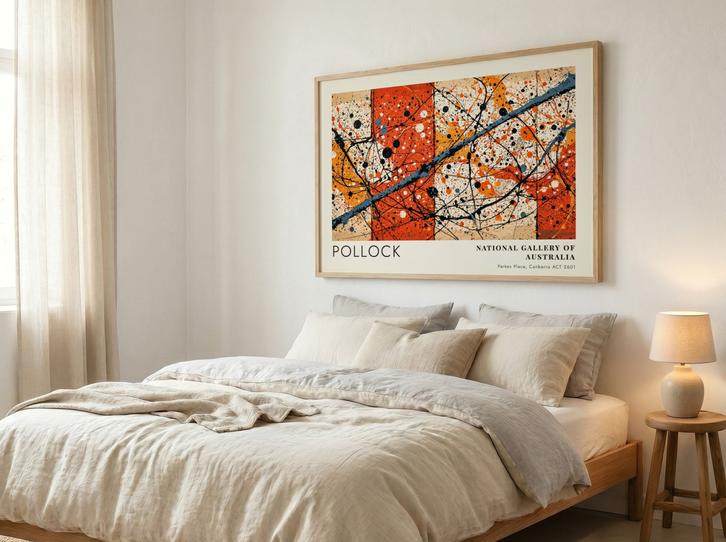 Wall art poster featuring Jackson Pollock Blue Poles with orange and black splatters