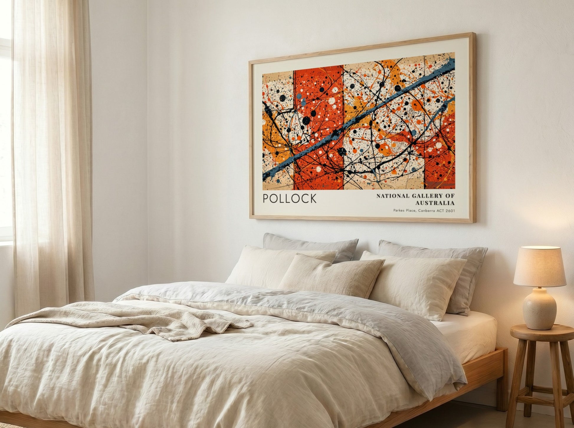 Wall art poster featuring Jackson Pollock Blue Poles with orange and black splatters