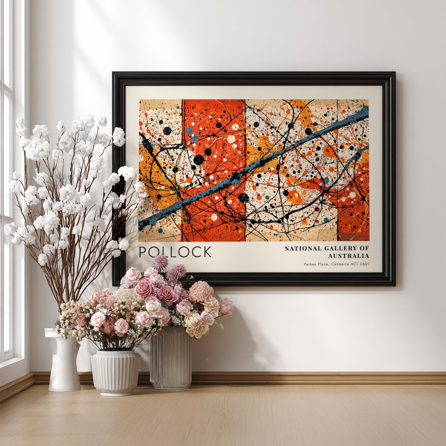 Wall art poster featuring Jackson Pollock Blue Poles with orange and black splatters