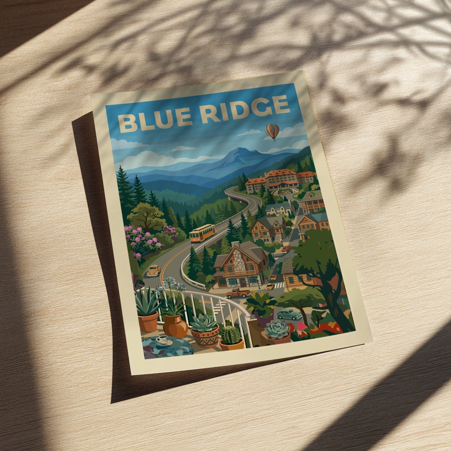 Stylized vintage poster of the Blue Ridge Mountains with a winding road, houses, and a hot air balloon.