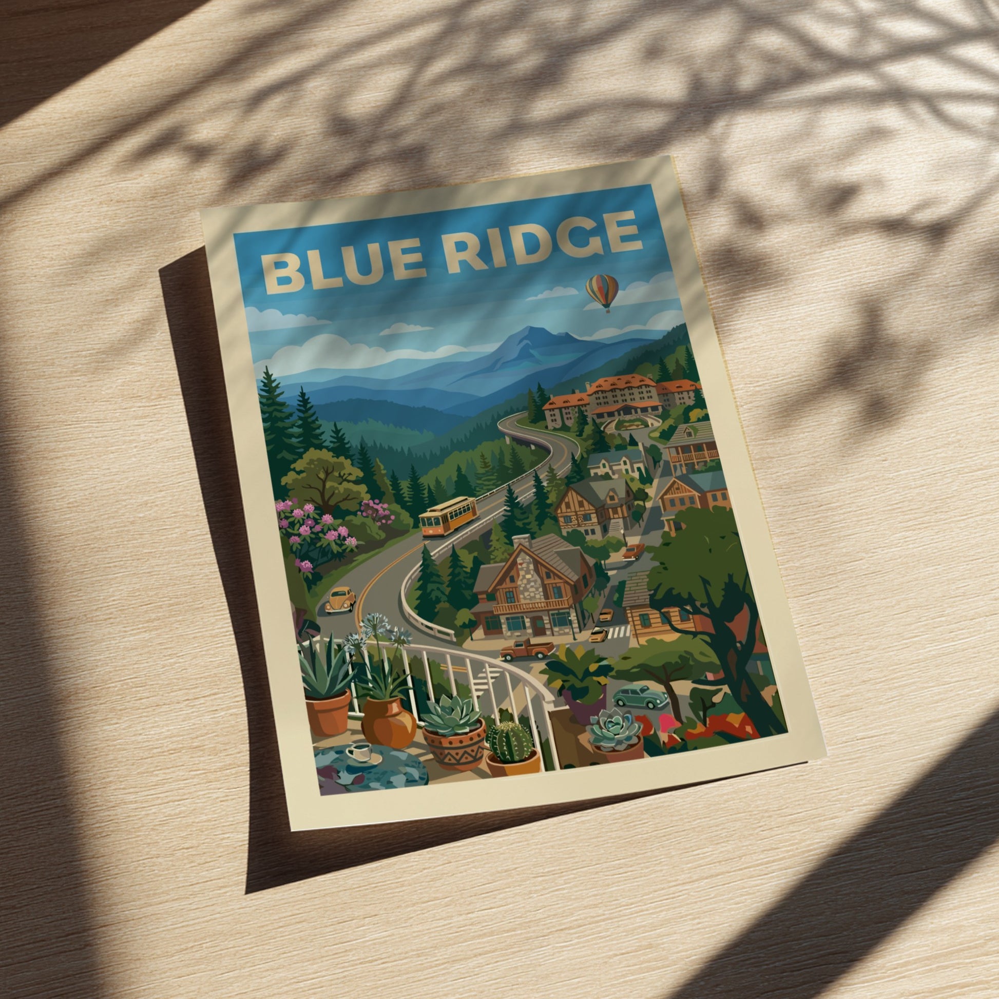 Stylized vintage poster of the Blue Ridge Mountains with a winding road, houses, and a hot air balloon.