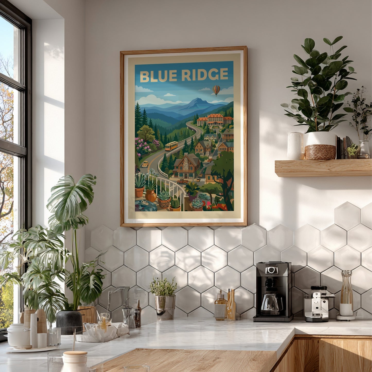 Stylized vintage poster of the Blue Ridge Mountains with a winding road, houses, and a hot air balloon.