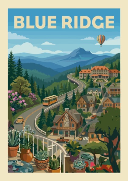 Stylized vintage poster of the Blue Ridge Mountains with a winding road, houses, and a hot air balloon.