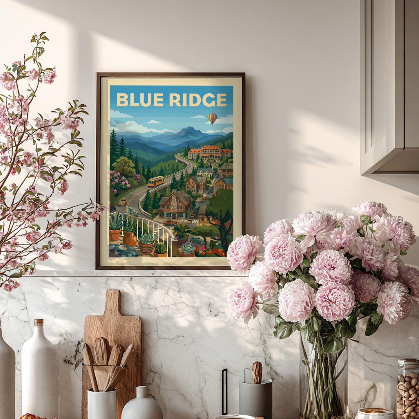 Stylized vintage poster of the Blue Ridge Mountains with a winding road, houses, and a hot air balloon.