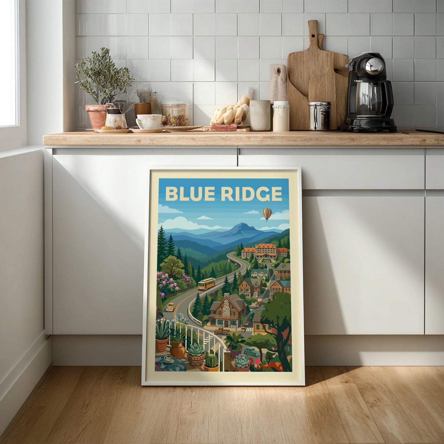 Stylized vintage poster of the Blue Ridge Mountains with a winding road, houses, and a hot air balloon.