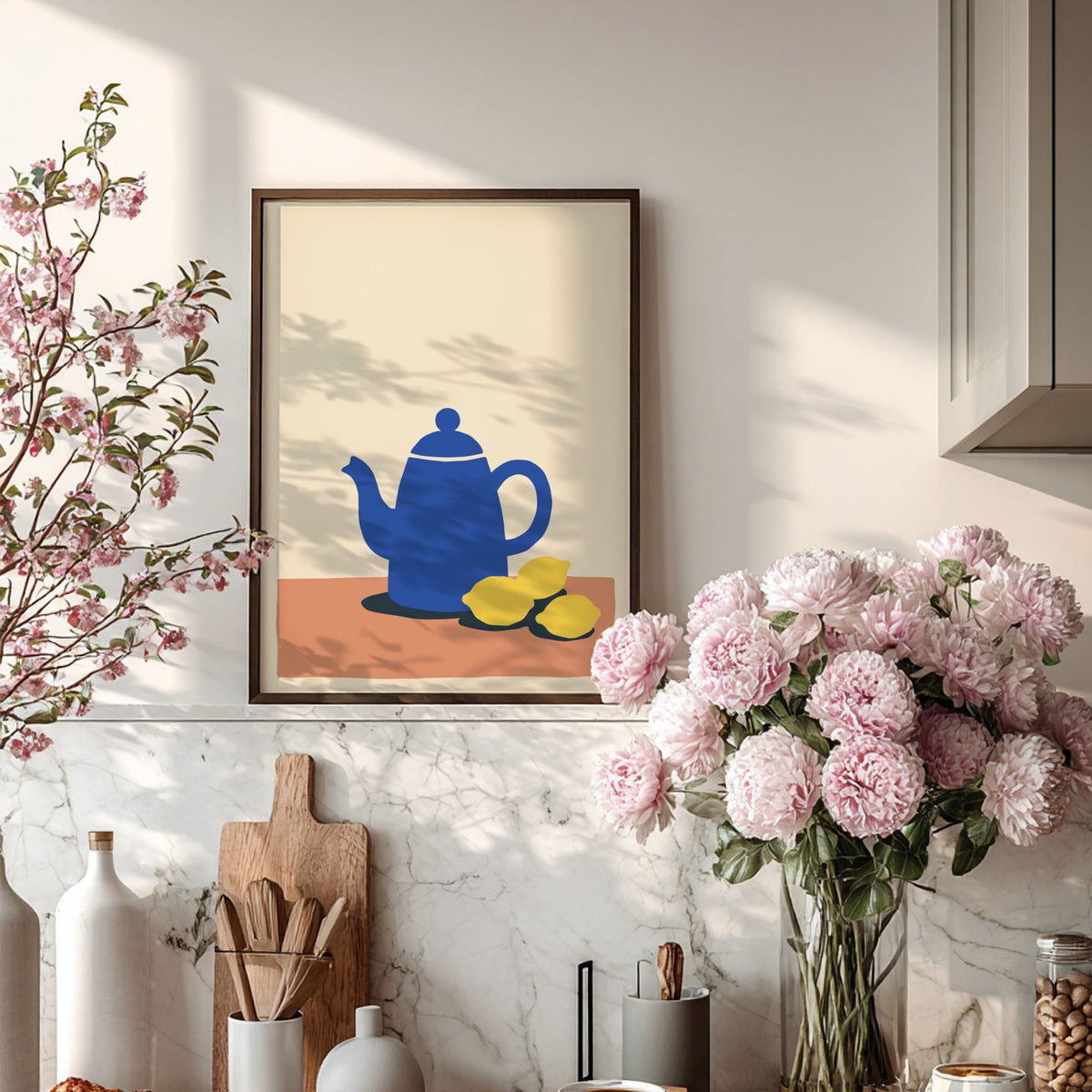 Poster featuring a stylized blue teapot with three yellow lemons on a table surface.