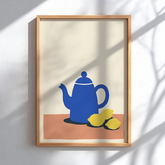 Poster featuring a stylized blue teapot with three yellow lemons on a table surface.