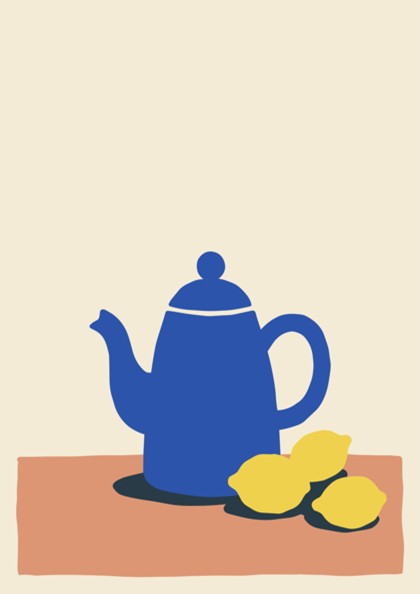 Poster featuring a stylized blue teapot with three yellow lemons on a table surface.