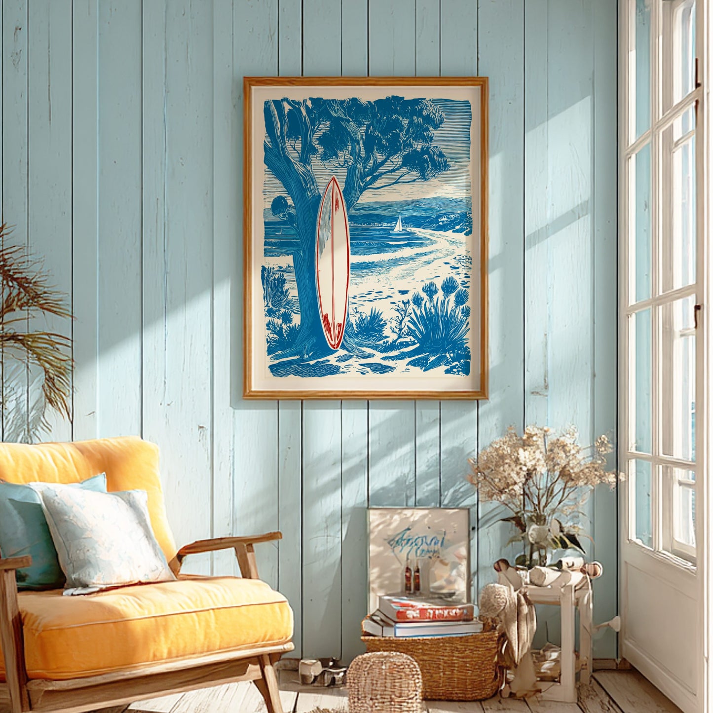 Living room with a yellow sofa, framed artwork, and decorative items.