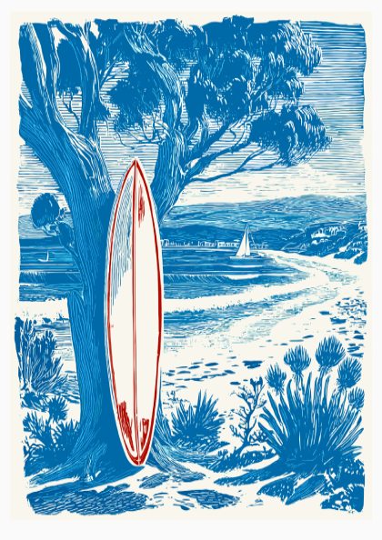 Surfboard leaning against a tree with a coastal background