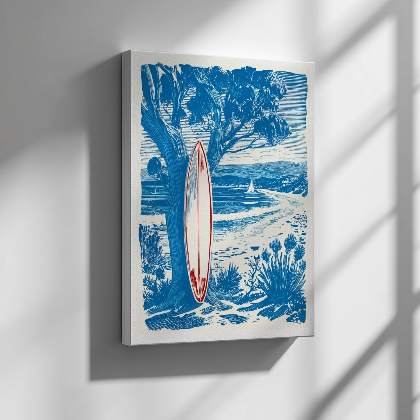 Framed artwork of a surfboard leaning against a tree with a beach scene in the background.