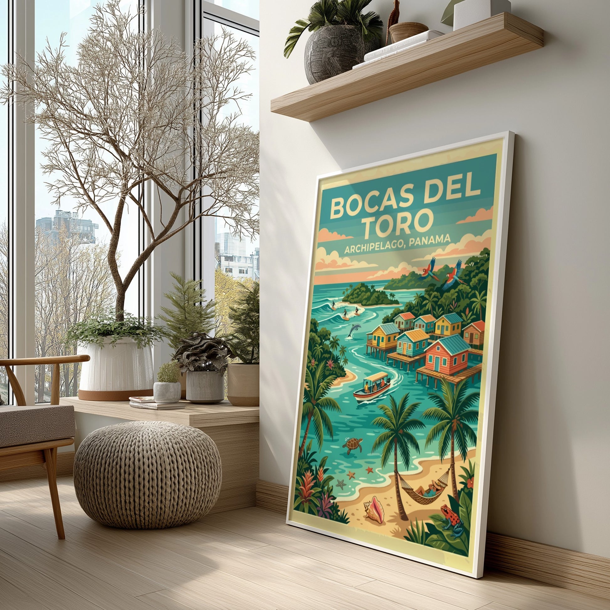 Travel poster of Bocas del Toro, Panama featuring stilt houses, palm trees, and ocean.