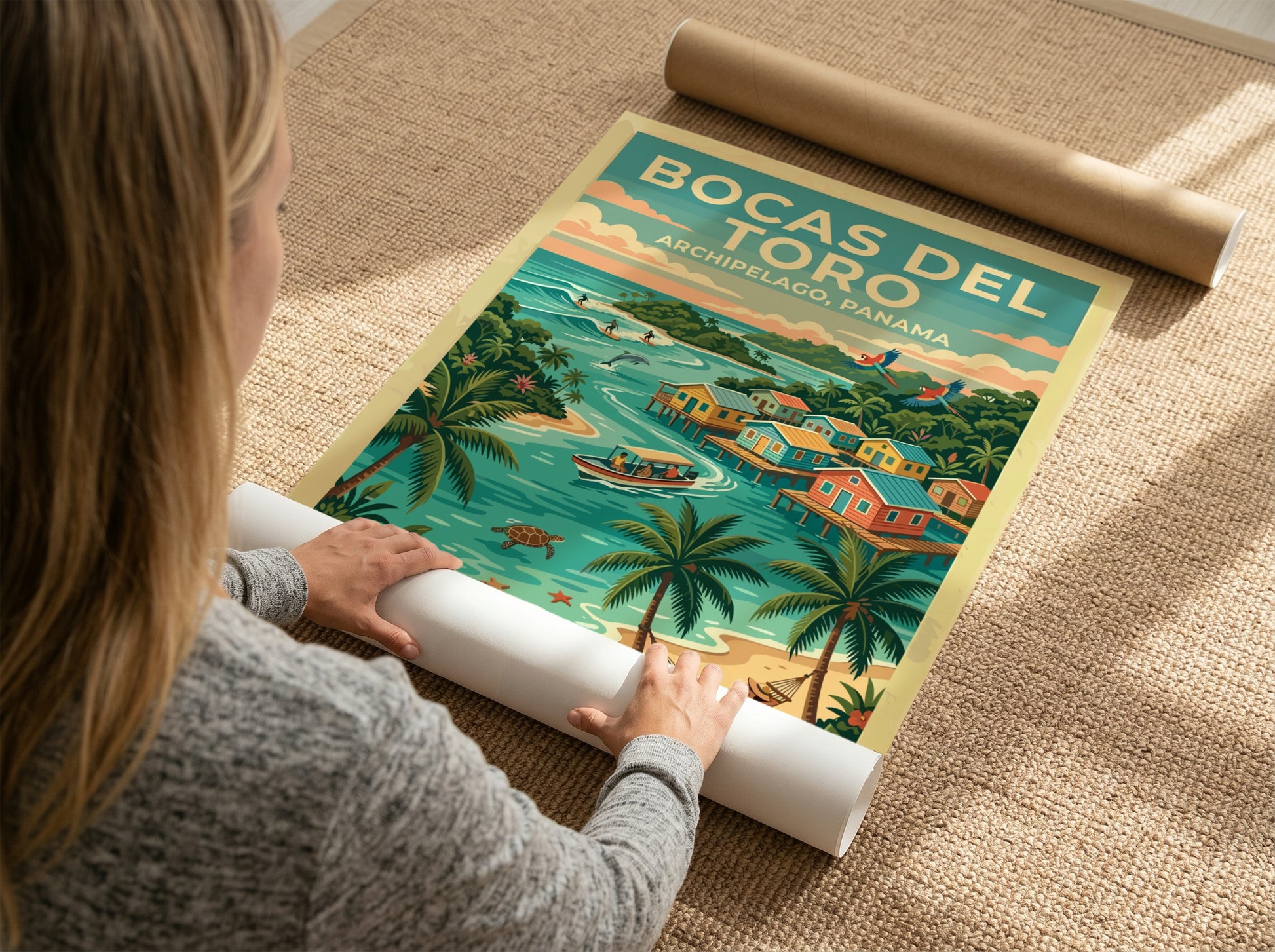 Travel poster of Bocas del Toro, Panama featuring stilt houses, palm trees, and ocean.