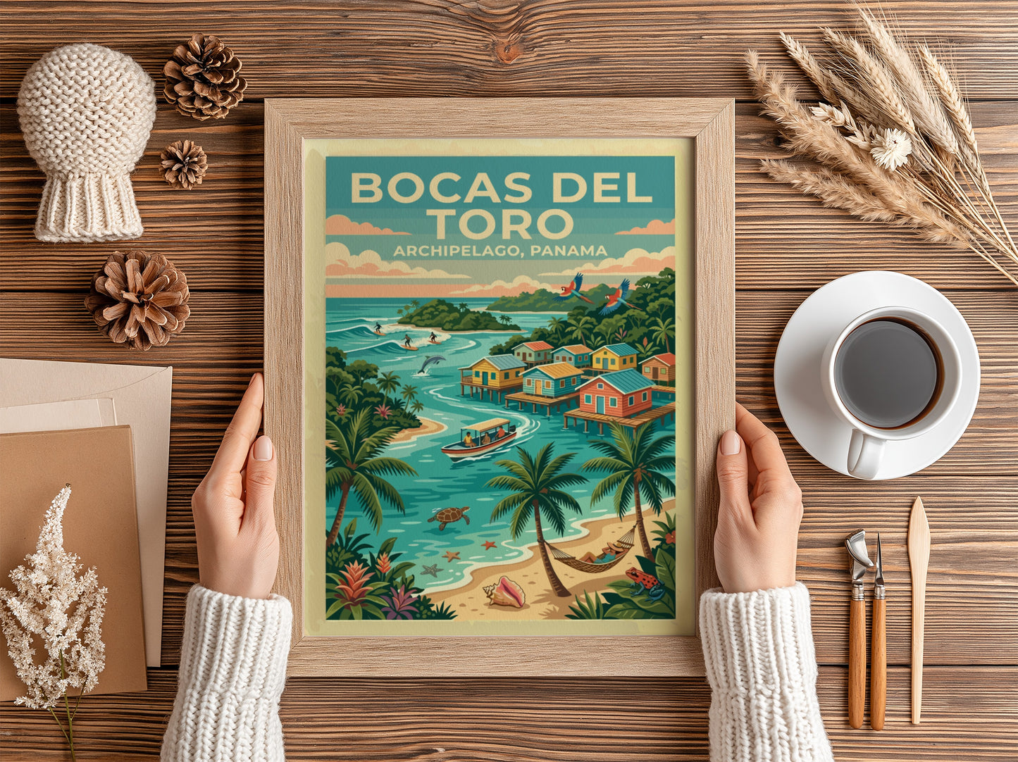 Travel poster of Bocas del Toro, Panama featuring stilt houses, palm trees, and ocean.