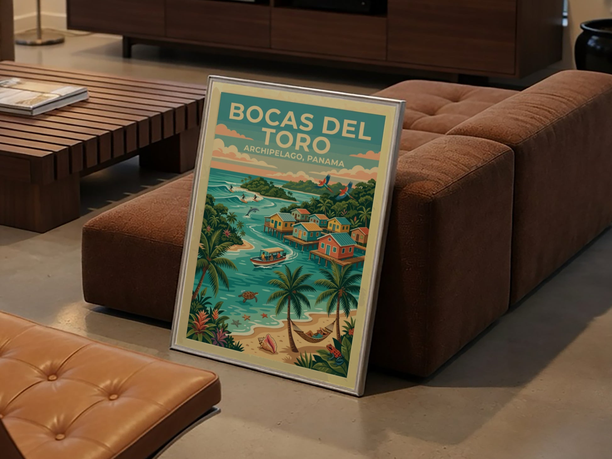 Travel poster of Bocas del Toro, Panama featuring stilt houses, palm trees, and ocean.