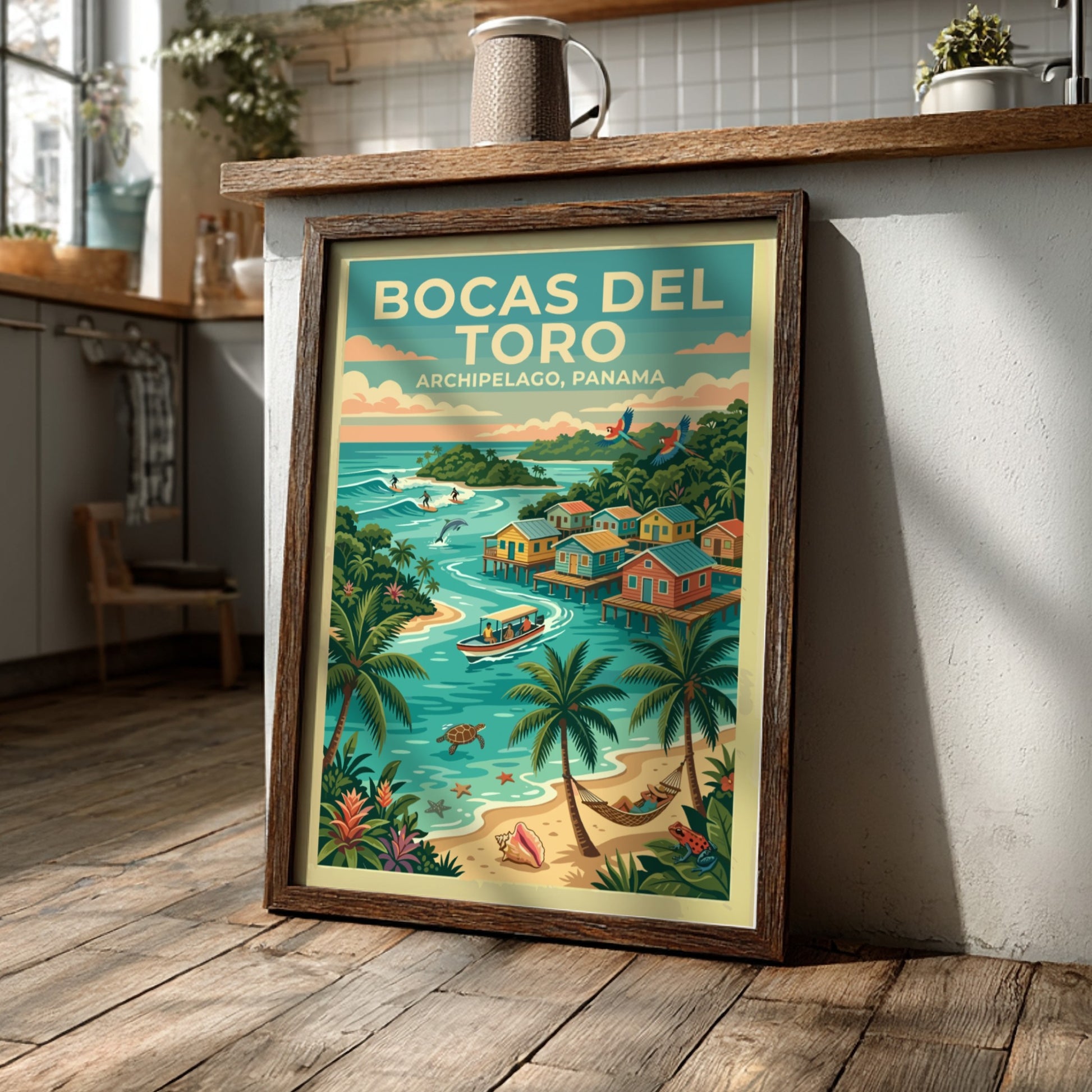 Travel poster of Bocas del Toro, Panama featuring stilt houses, palm trees, and ocean.