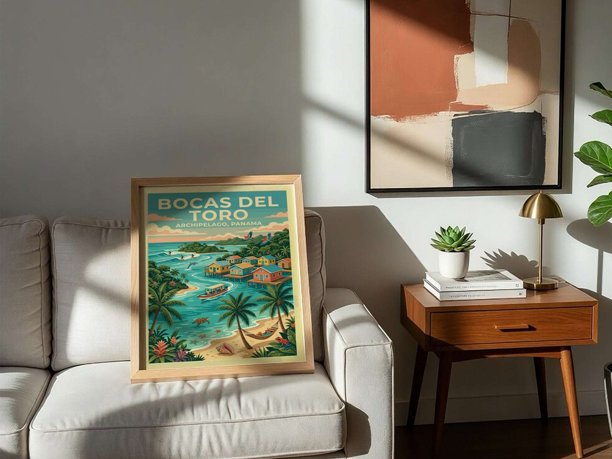 Travel poster of Bocas del Toro, Panama featuring stilt houses, palm trees, and ocean.