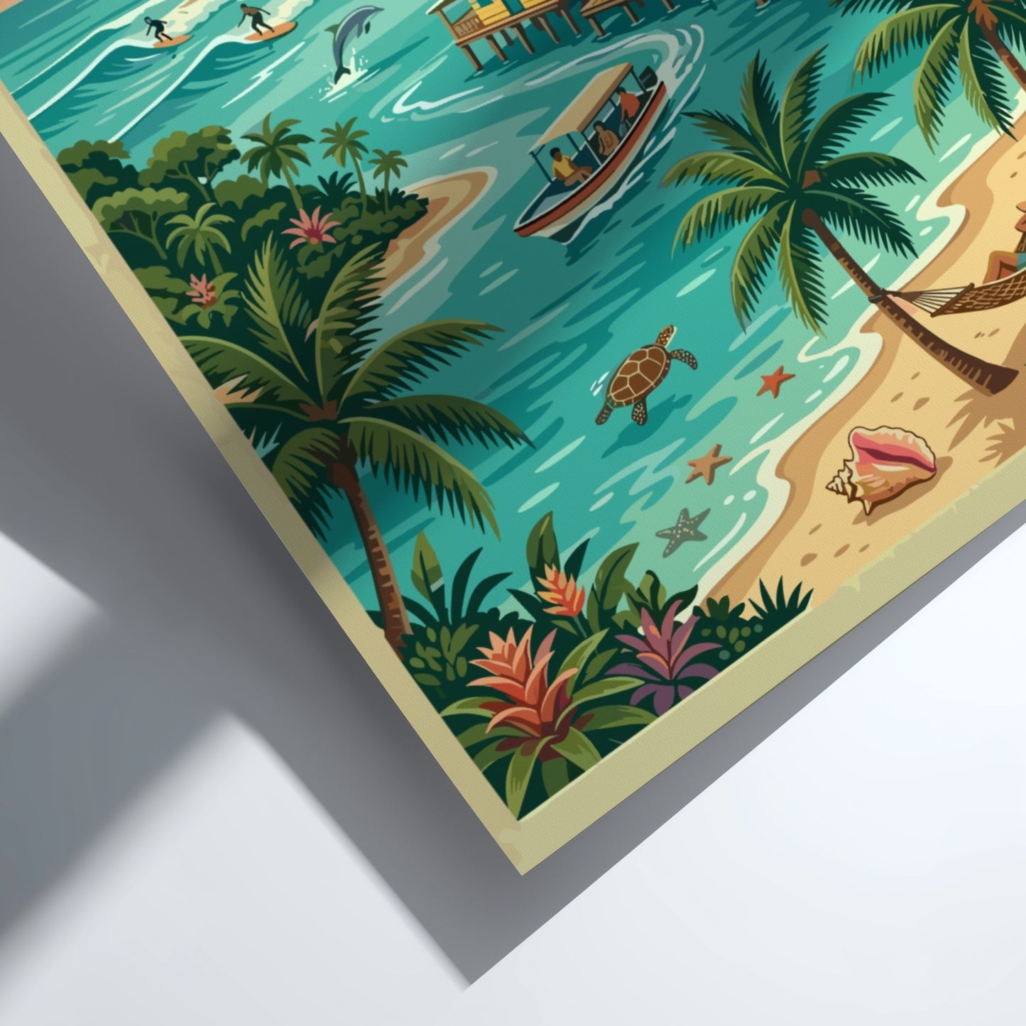 Travel poster of Bocas del Toro, Panama featuring stilt houses, palm trees, and ocean.