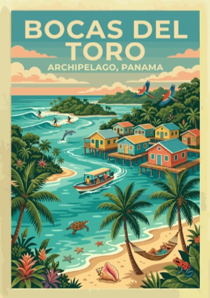 Travel poster of Bocas del Toro, Panama featuring stilt houses, palm trees, and ocean.