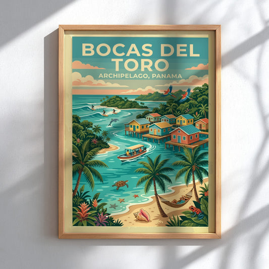 Travel poster of Bocas del Toro, Panama featuring stilt houses, palm trees, and ocean.