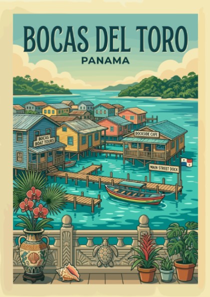 Bocas del Toro Panama travel poster with colorful stilt houses and tropical scenery.