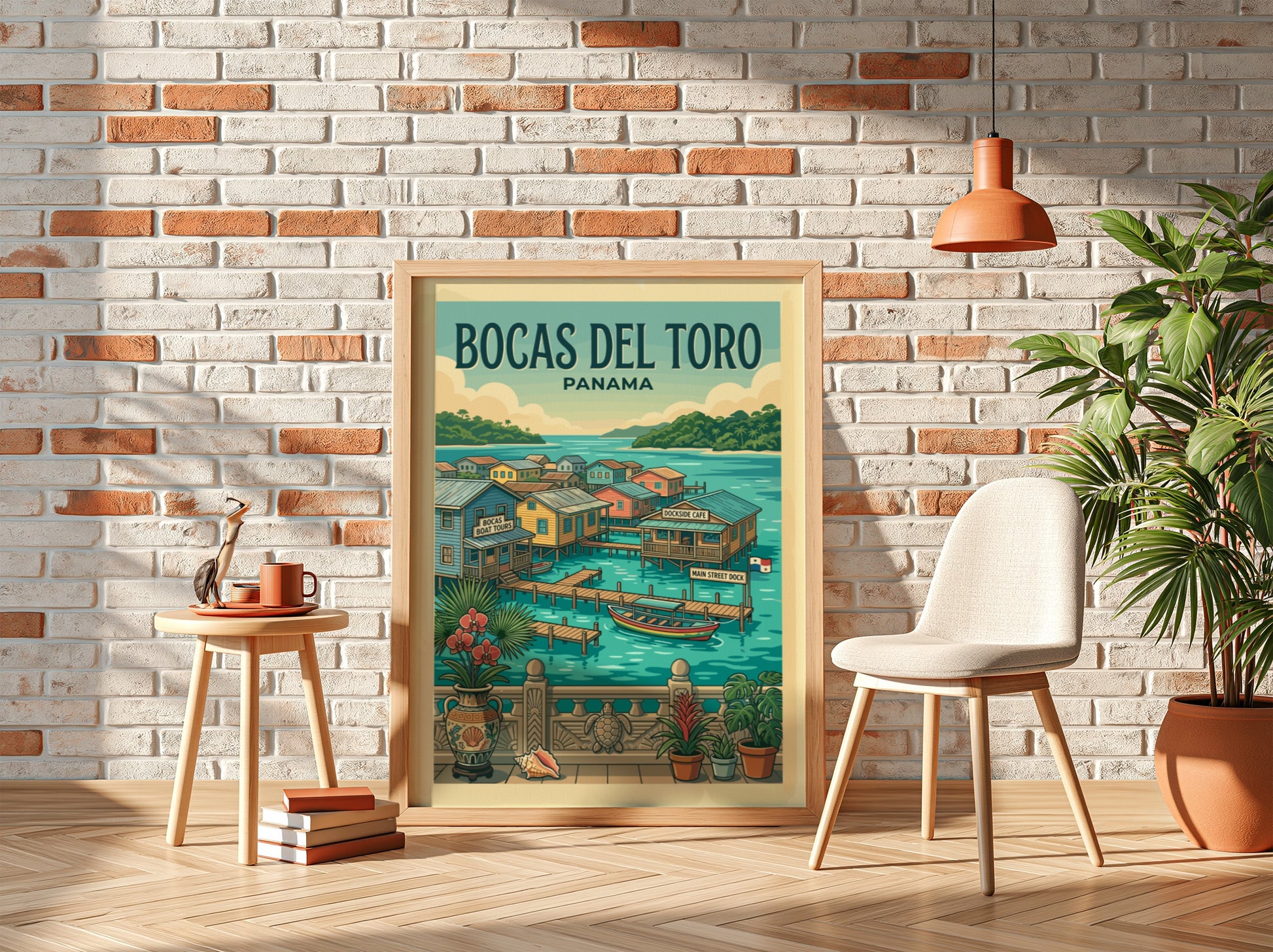 Bocas del Toro Panama travel poster with colorful stilt houses and tropical scenery.
