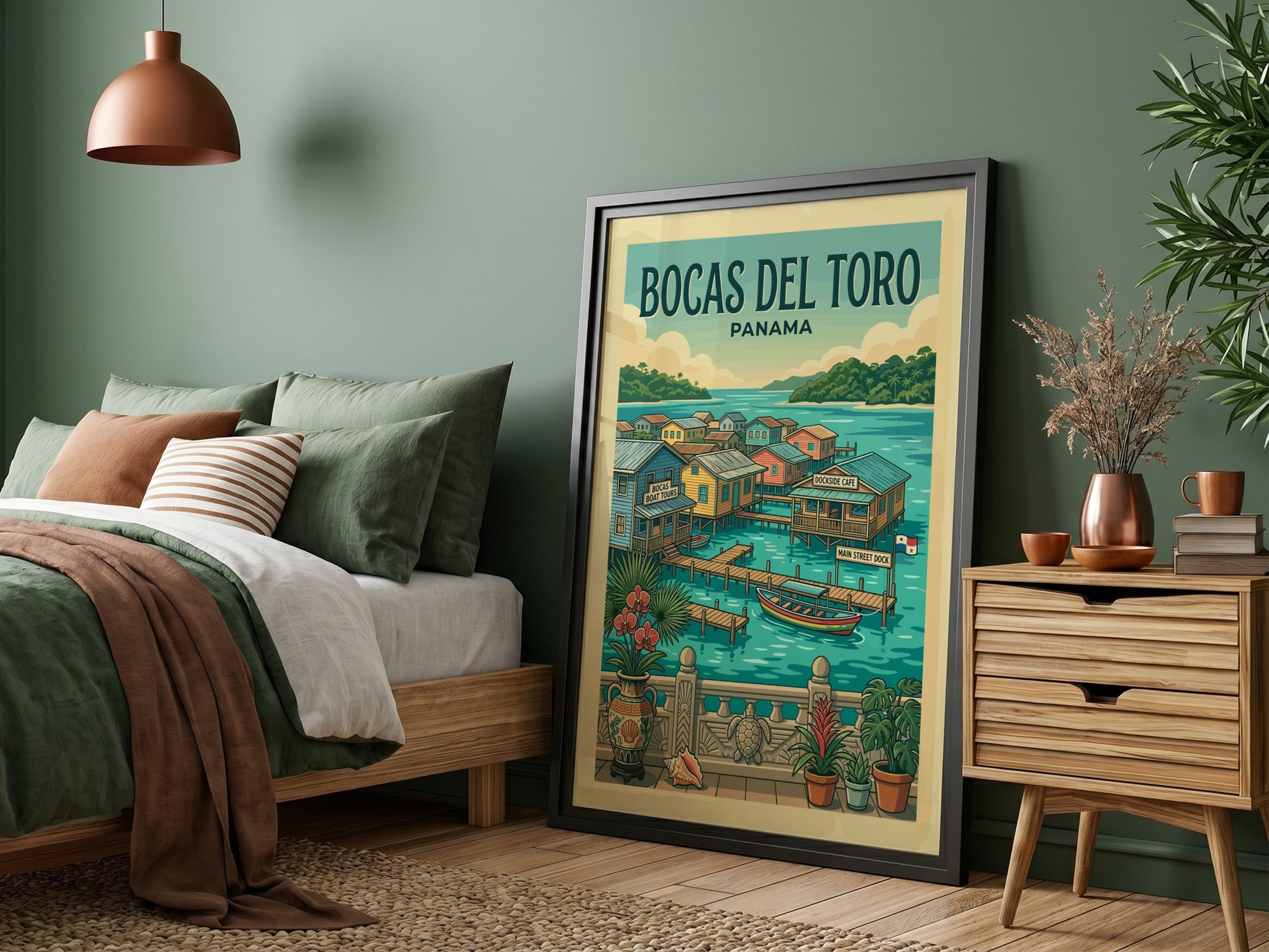 Bocas del Toro Panama travel poster with colorful stilt houses and tropical scenery.