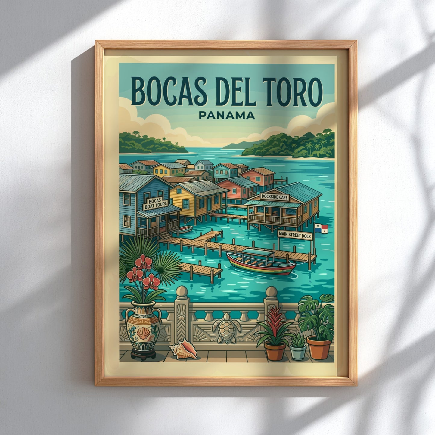 Bocas del Toro Panama travel poster with colorful stilt houses and tropical scenery.
