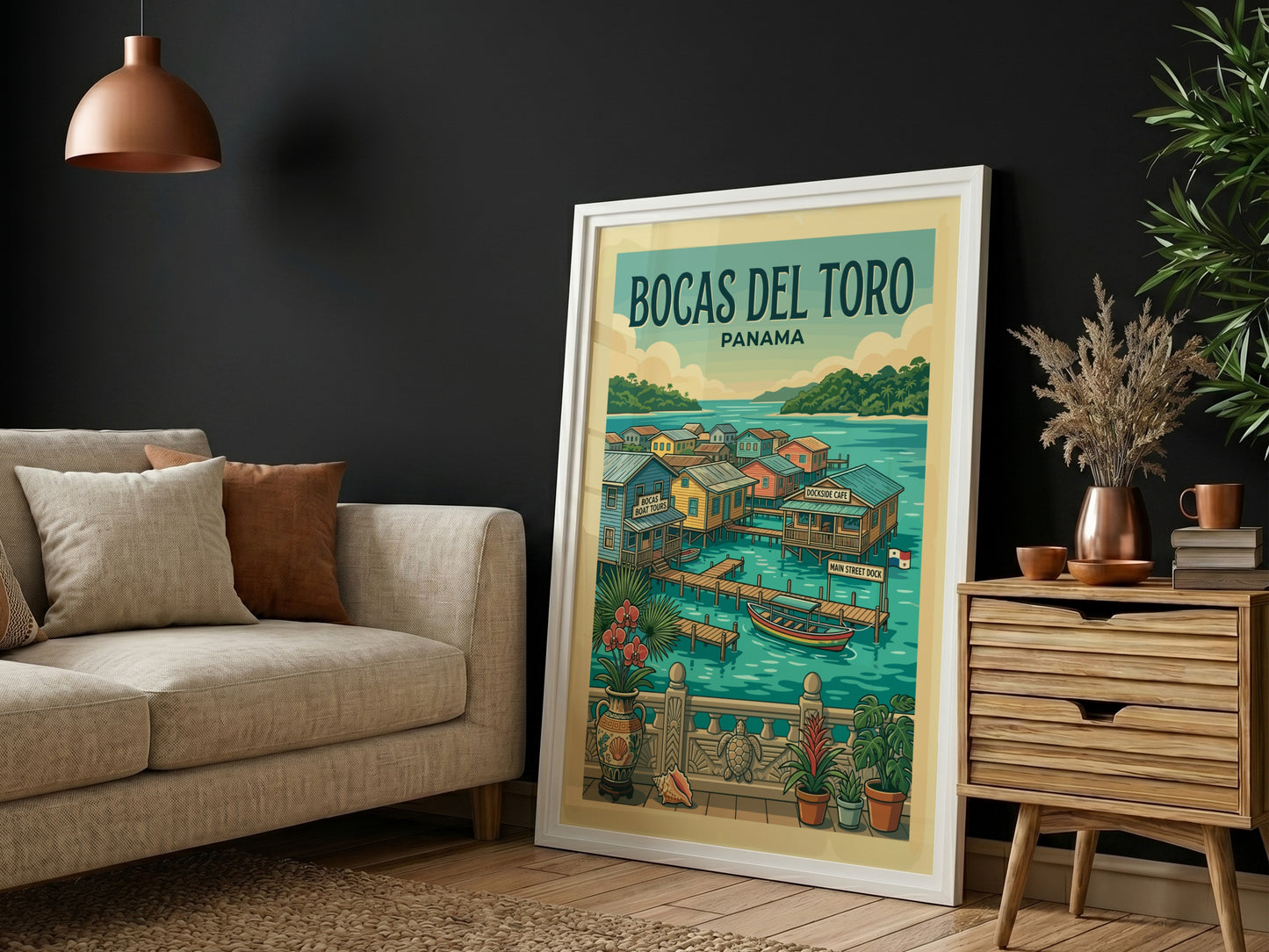Bocas del Toro Panama travel poster with colorful stilt houses and tropical scenery.