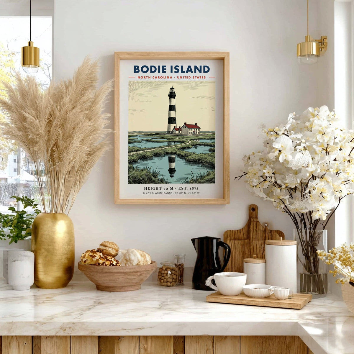 Poster featuring the Bodie Island Lighthouse with black and white bands near water.