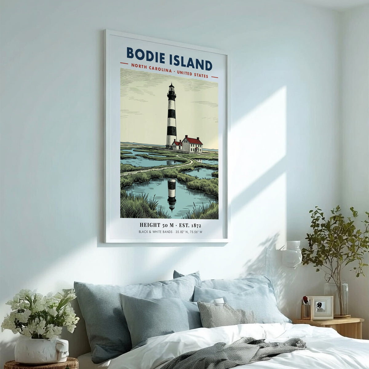 Poster featuring the Bodie Island Lighthouse with black and white bands near water.
