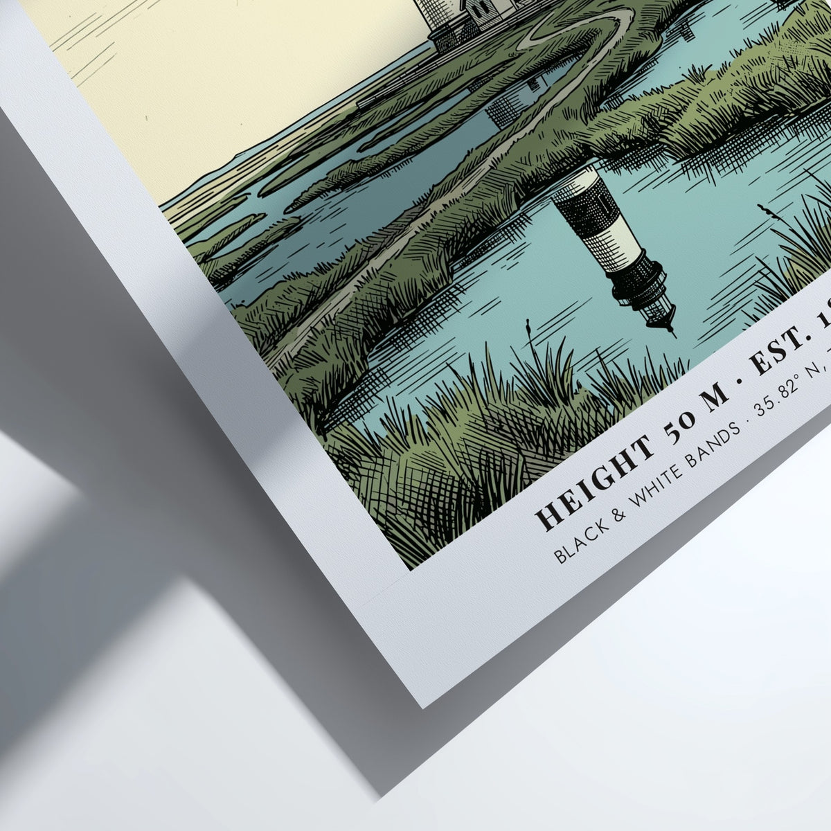 Poster featuring the Bodie Island Lighthouse with black and white bands near water.
