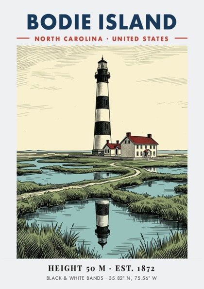 Poster featuring the Bodie Island Lighthouse with black and white bands near water.