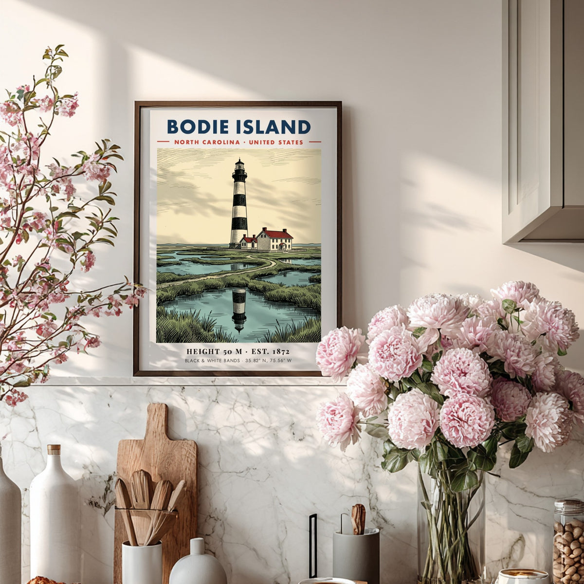 Poster featuring the Bodie Island Lighthouse with black and white bands near water.