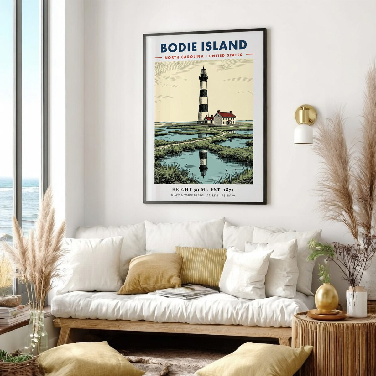 Poster featuring the Bodie Island Lighthouse with black and white bands near water.