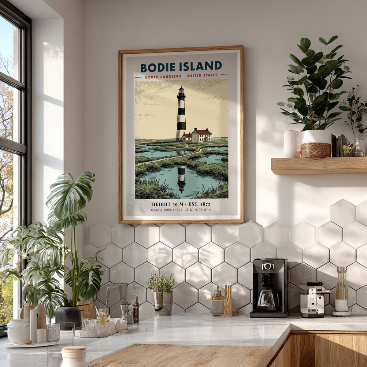 Poster featuring the Bodie Island Lighthouse with black and white bands near water.