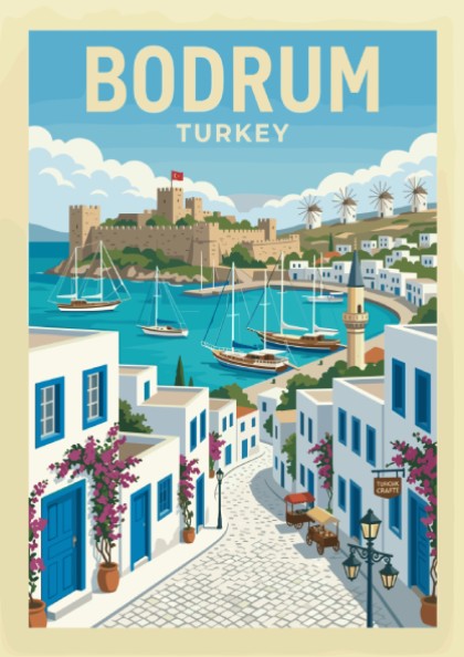 Retro Bodrum travel poster featuring a castle, harbor with sailboats, and whitewashed buildings.