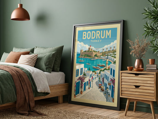Retro Bodrum travel poster featuring a castle, harbor with sailboats, and whitewashed buildings.