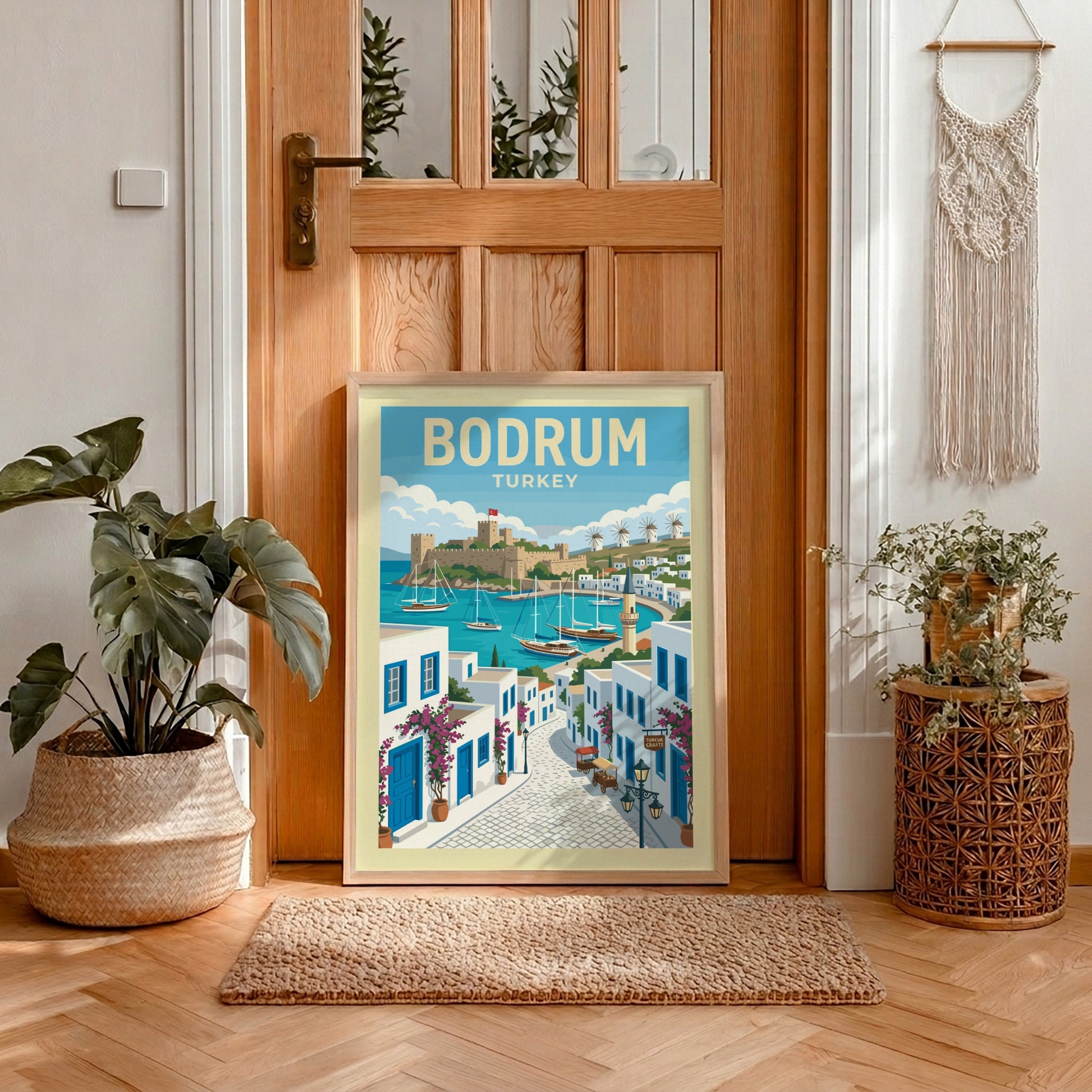 Retro Bodrum travel poster featuring a castle, harbor with sailboats, and whitewashed buildings.