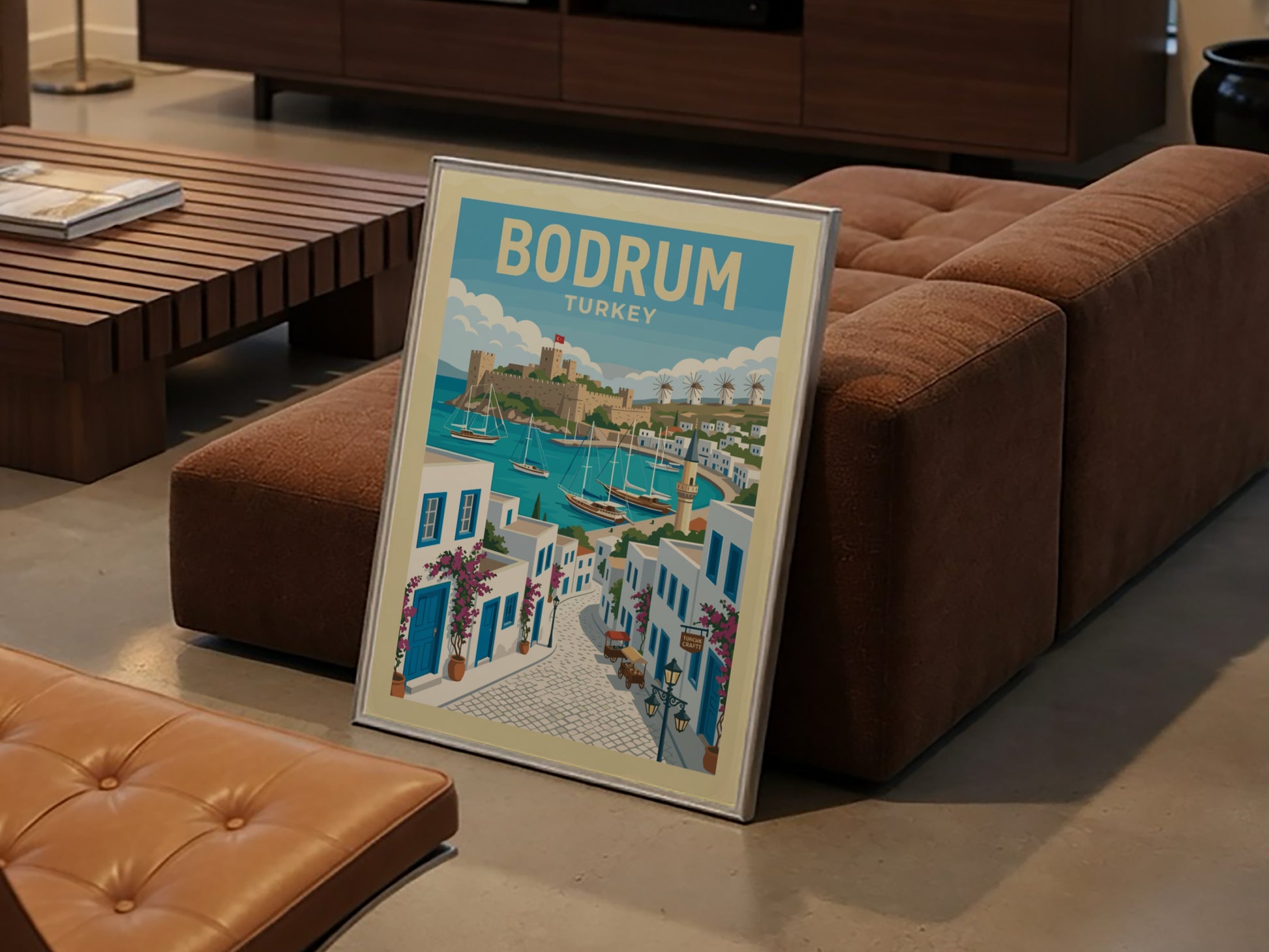 Retro Bodrum travel poster featuring a castle, harbor with sailboats, and whitewashed buildings.